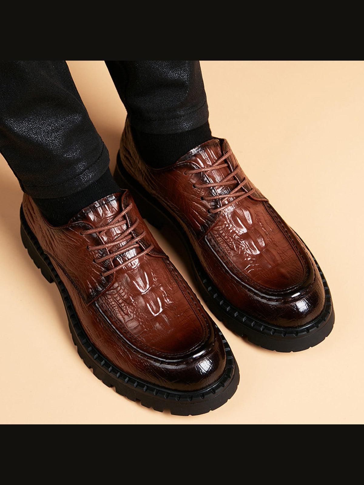 Brown handcrafted genuine leather shoes - color image