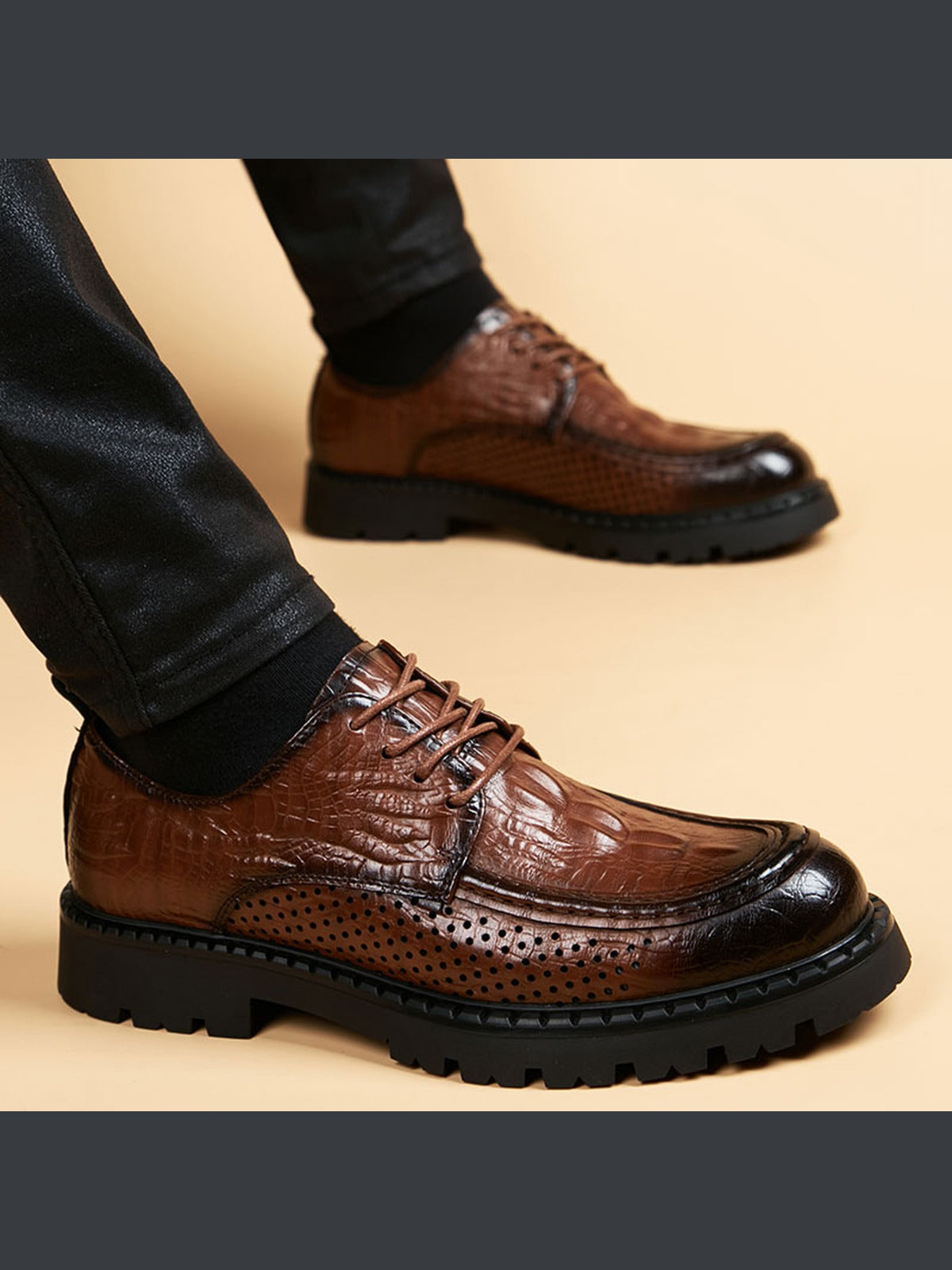 Brown handcrafted genuine leather shoes - color image