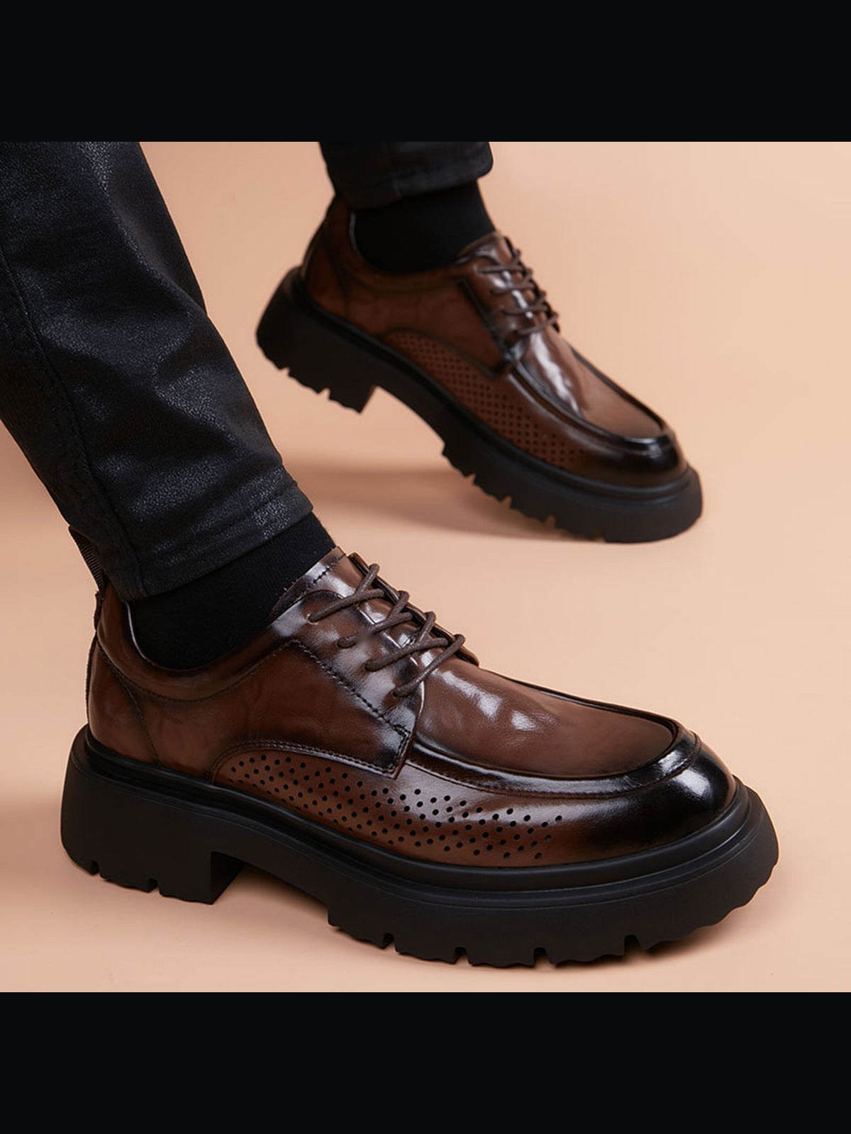Brown handcrafted genuine leather shoes - color image