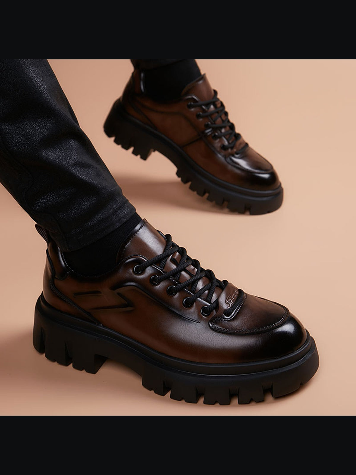 Brown handcrafted genuine leather shoes - color image
