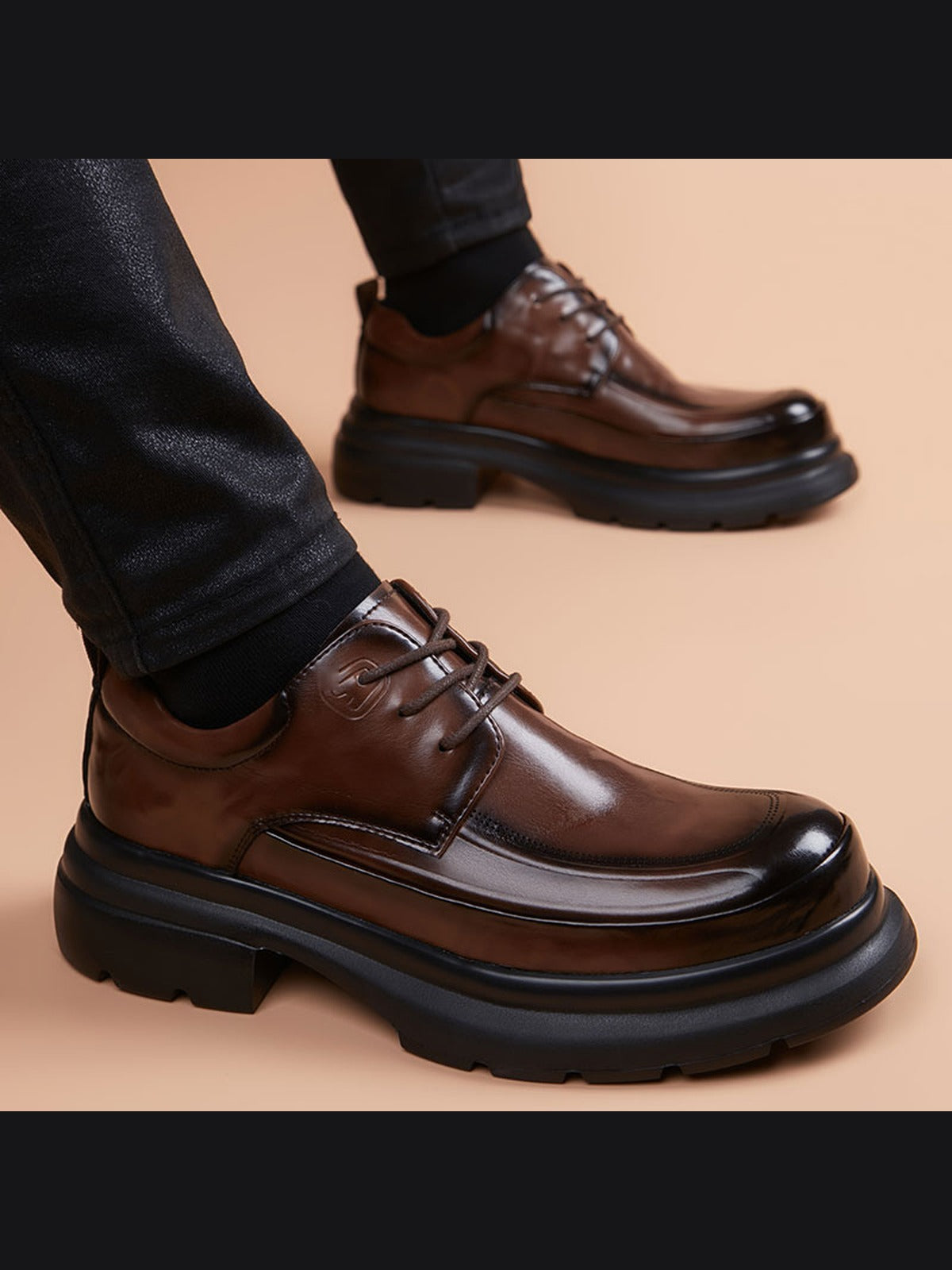 Brown handcrafted genuine leather shoes - color image
