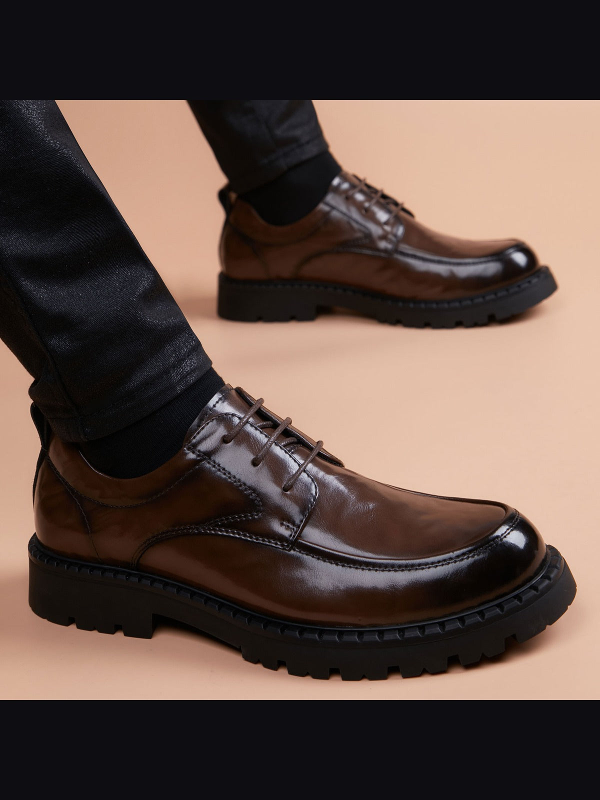 Brown handcrafted genuine leather shoes - color image