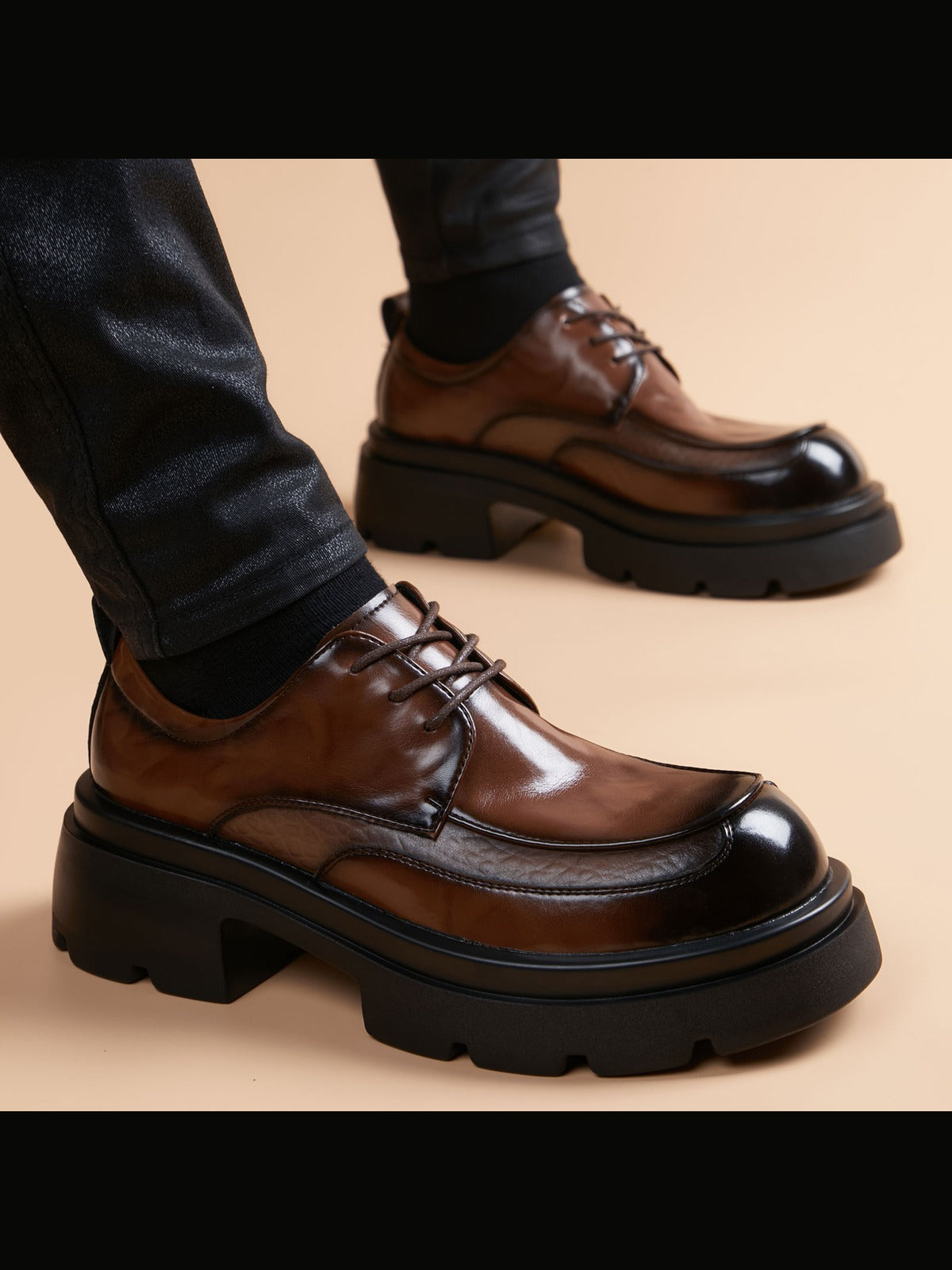 Brown handcrafted genuine leather shoes - color image