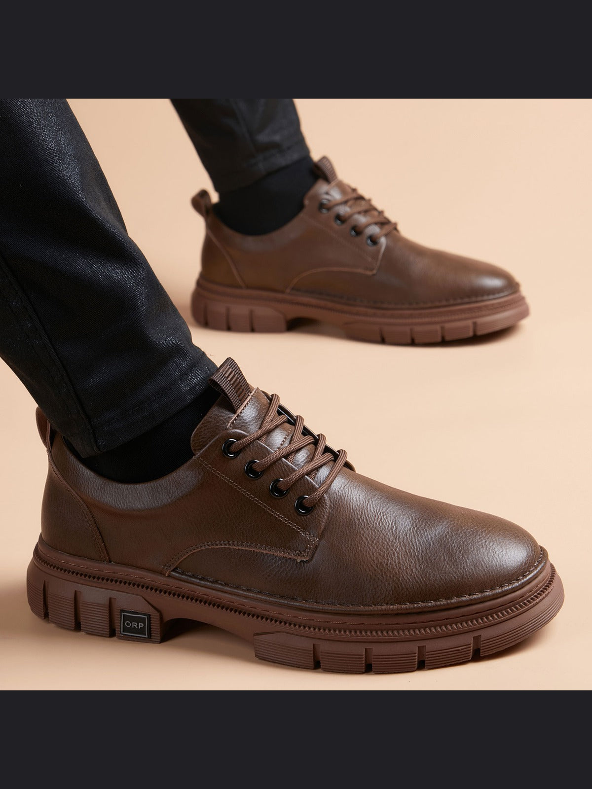 Brown handcrafted genuine leather shoes - color image