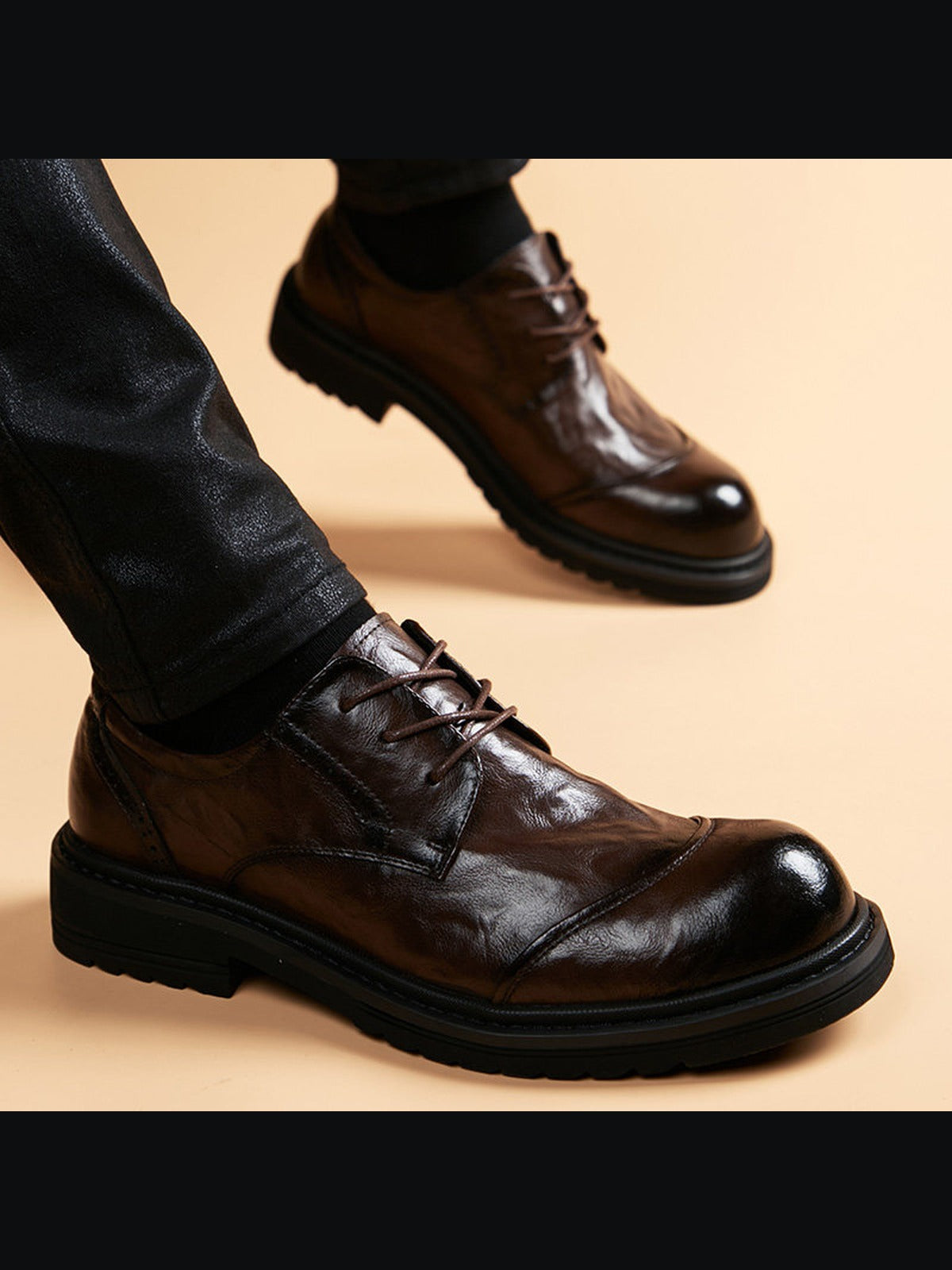 Brown handcrafted genuine leather shoes - color image