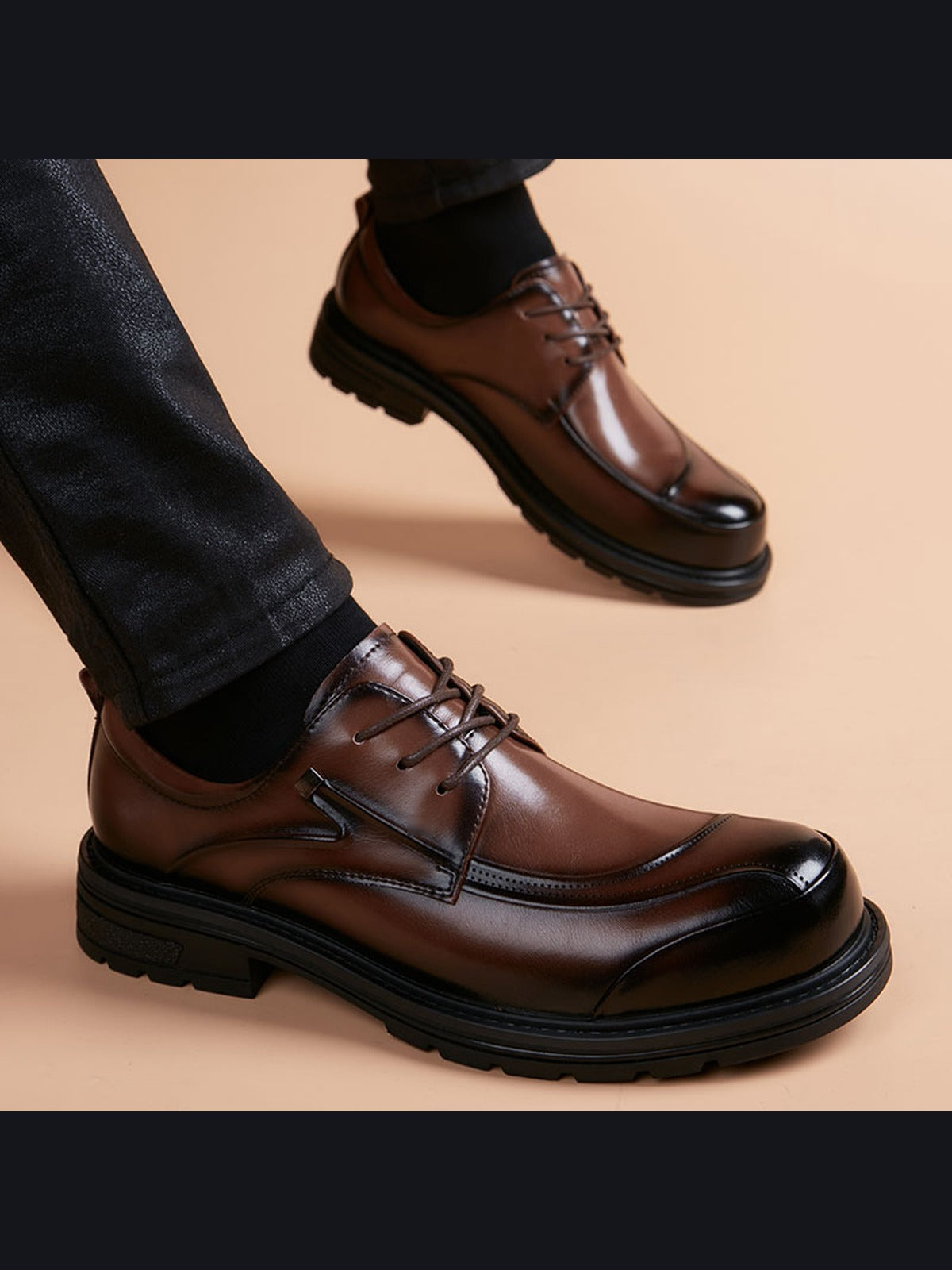 Brown handcrafted genuine leather shoes - color image