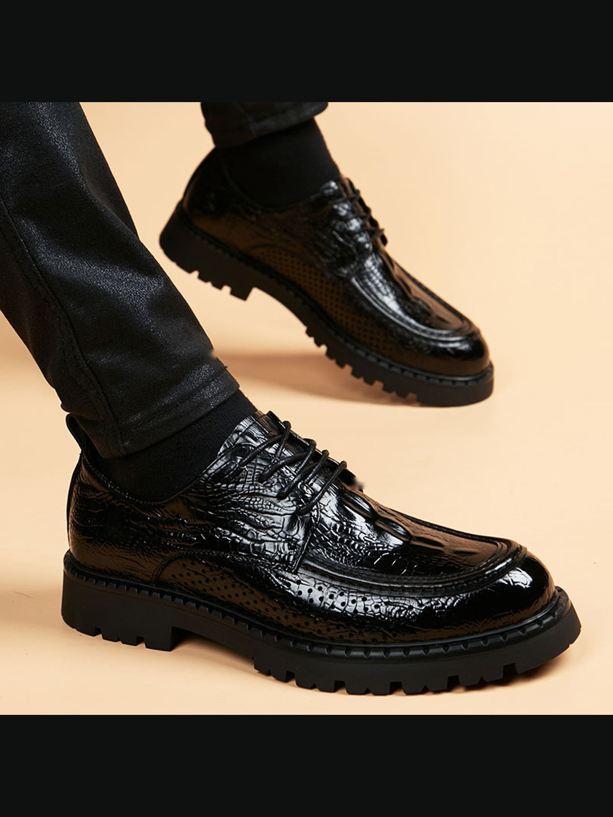 Black handcrafted genuine leather shoes - color image
