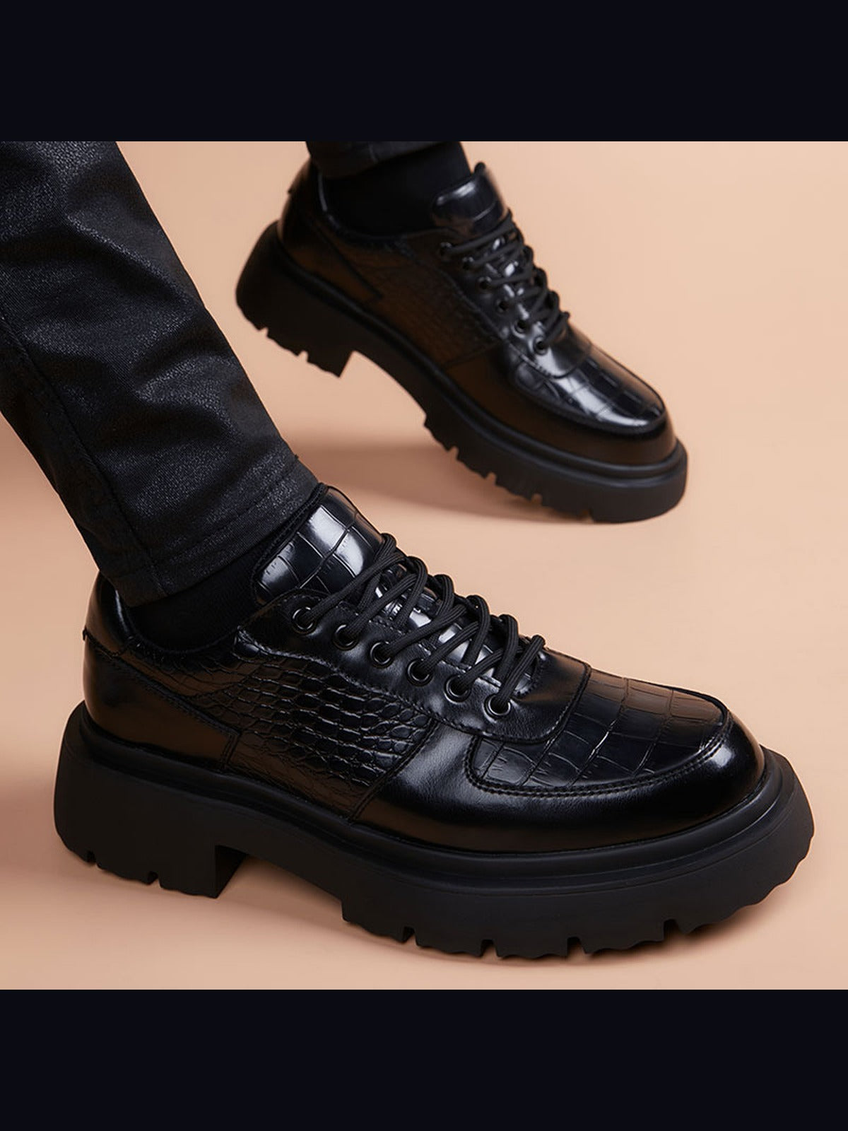 Black handcrafted genuine leather shoes - color image