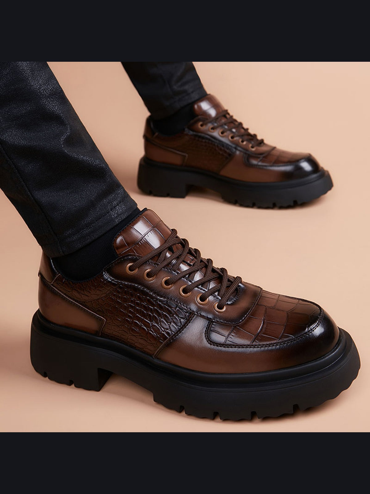Brown handcrafted genuine leather shoes - color image