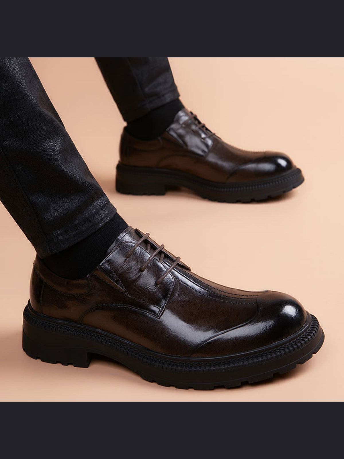 Brown handcrafted genuine leather shoes - color image