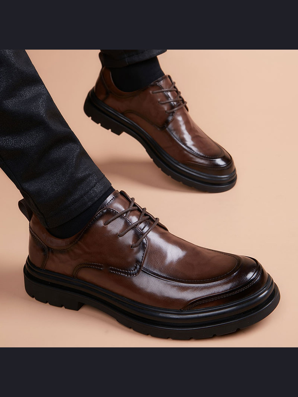 Brown handcrafted genuine leather shoes - color image
