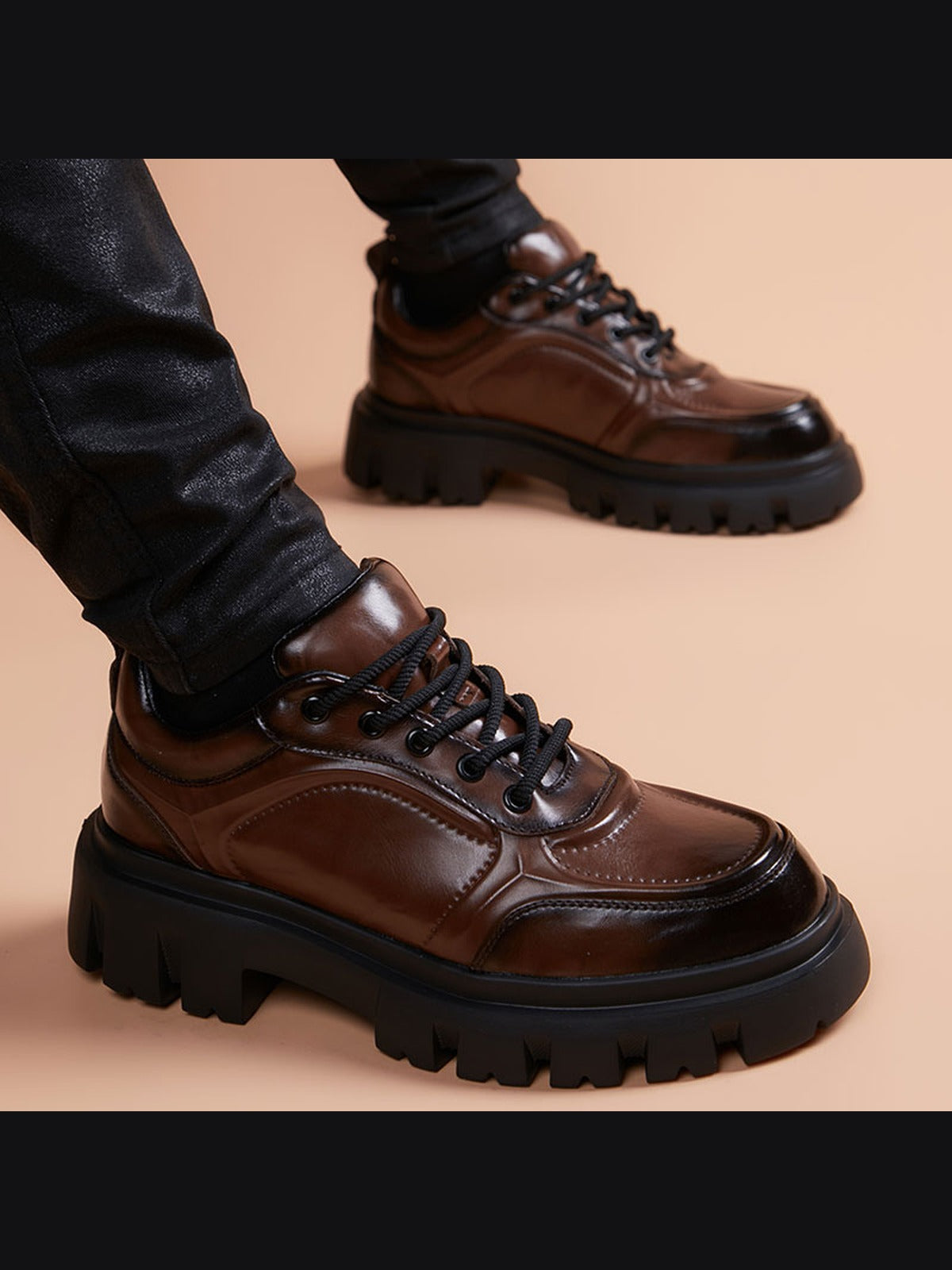 Brown handcrafted genuine leather shoes - color image
