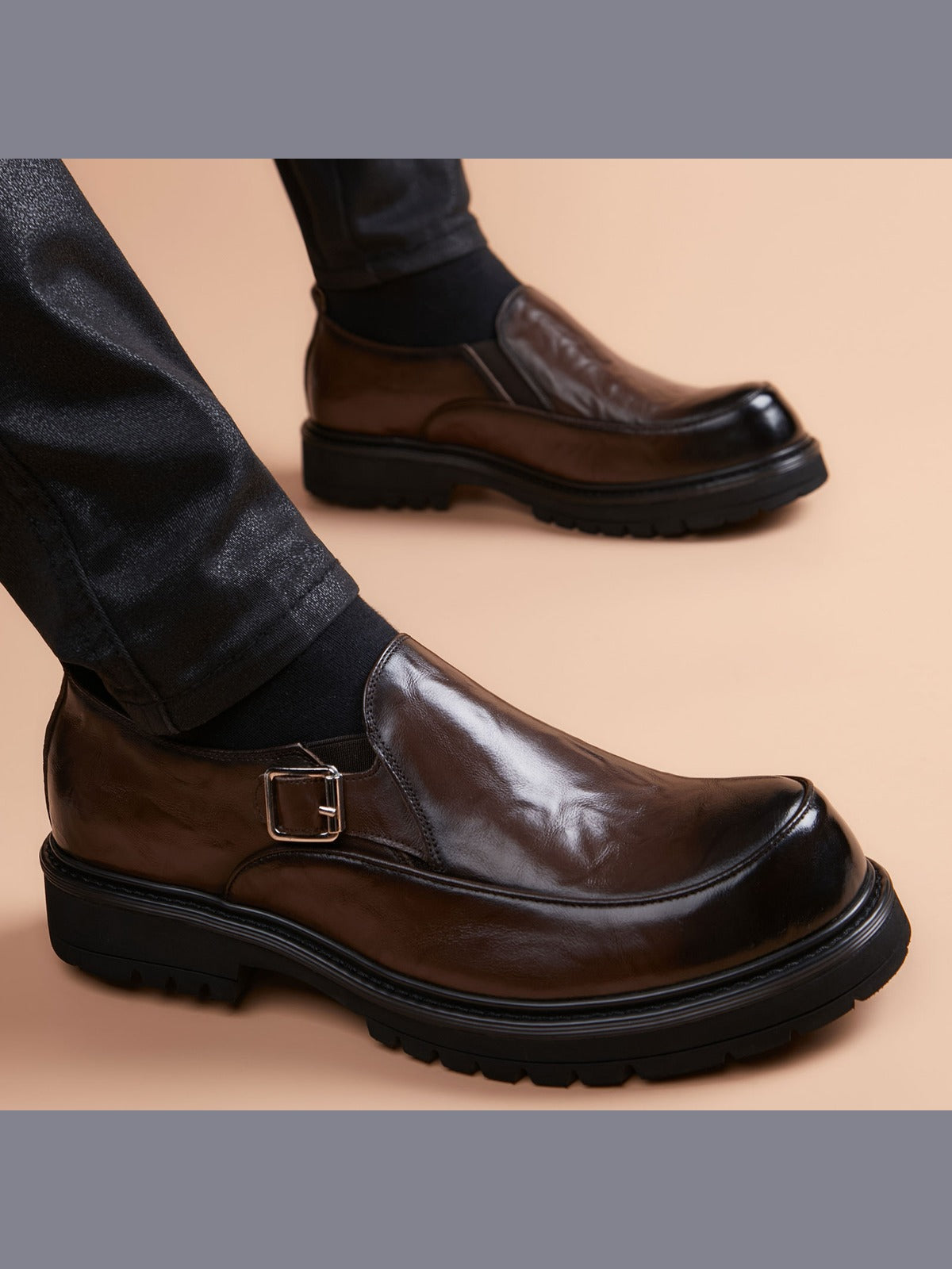 Brown handcrafted genuine leather shoes - color image